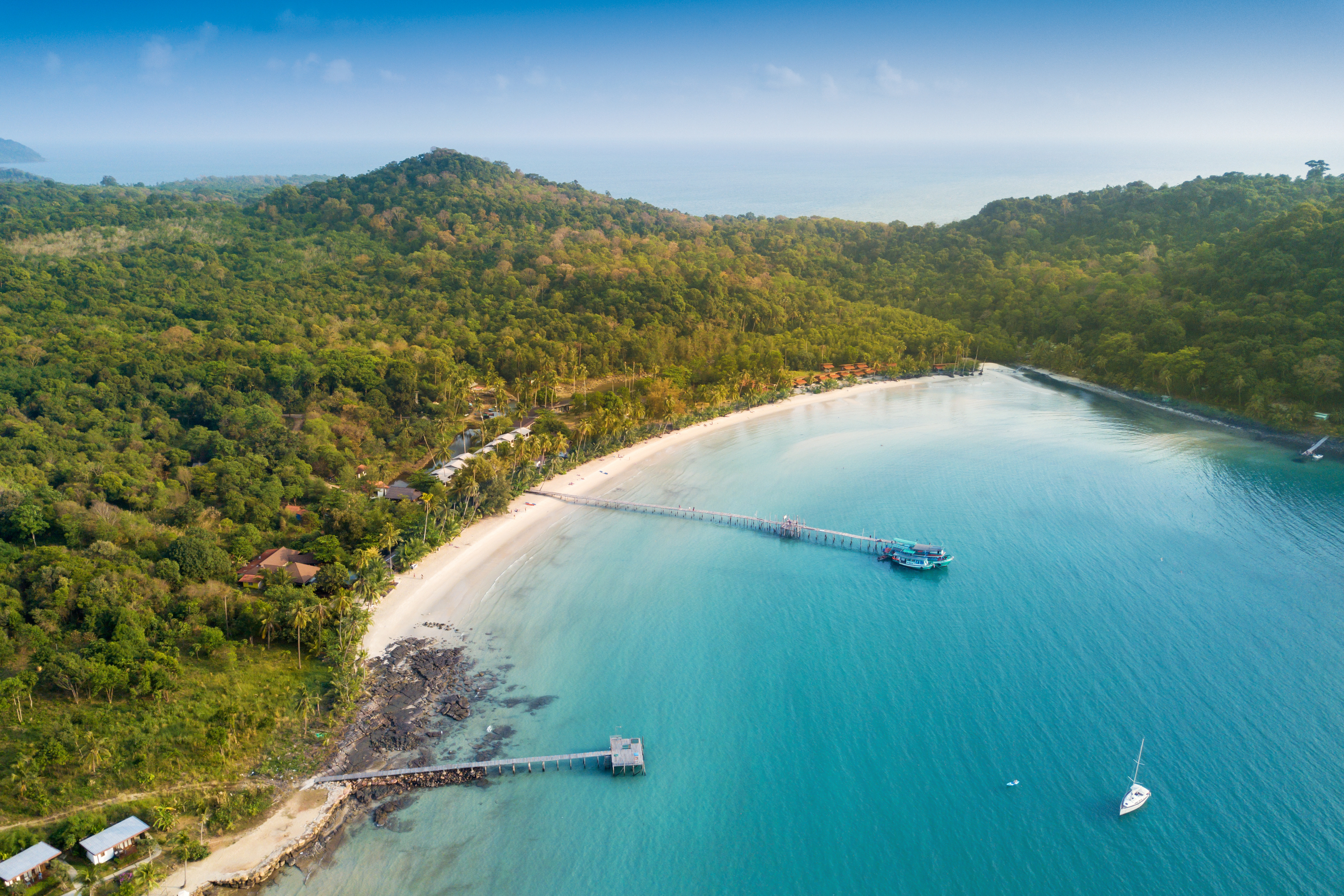 Aerial view of Beautiful "Bang-Bao Bay" beach during sunrise in Koh kood or Ko Kut, Thailand.