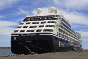 A moored ship with a label that says Azamara Quest.