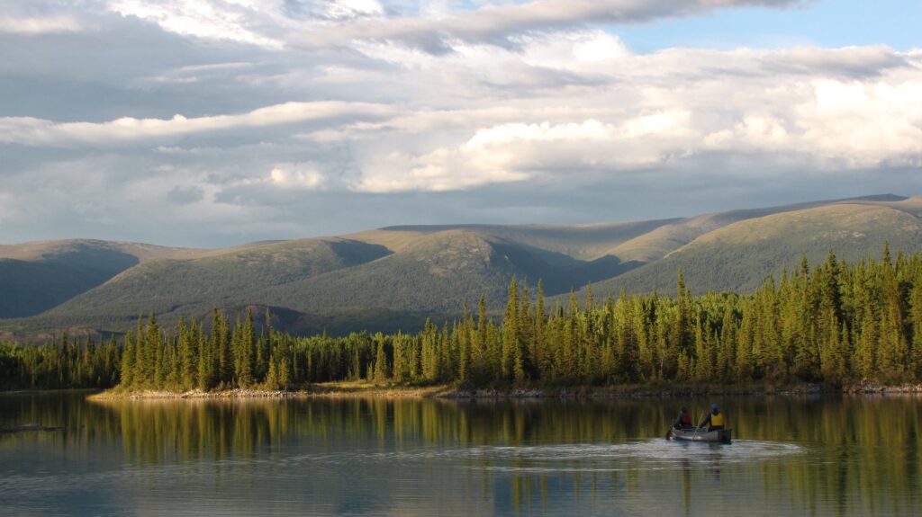 Two people paddling at Boya Lake Provincial Park