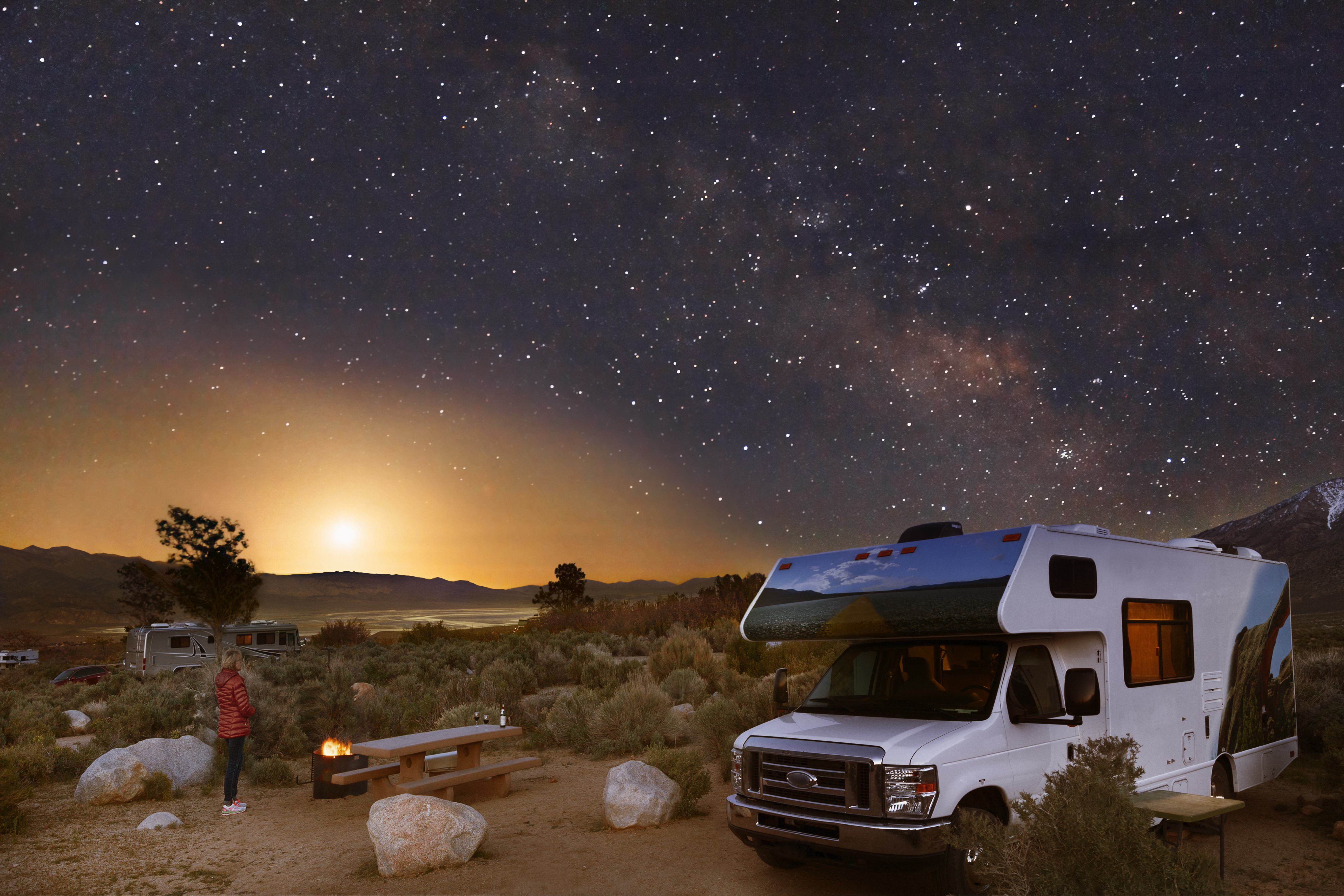 Camping in a national park with Cruise America RV during the night while stargazing