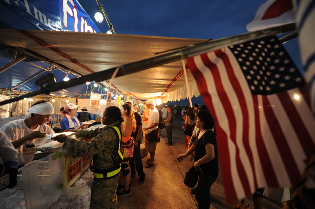 US Flag hanging in a night market