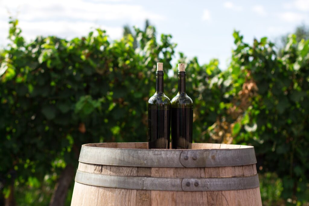 Two bottles of wines with an overlooking vineyard beyond.