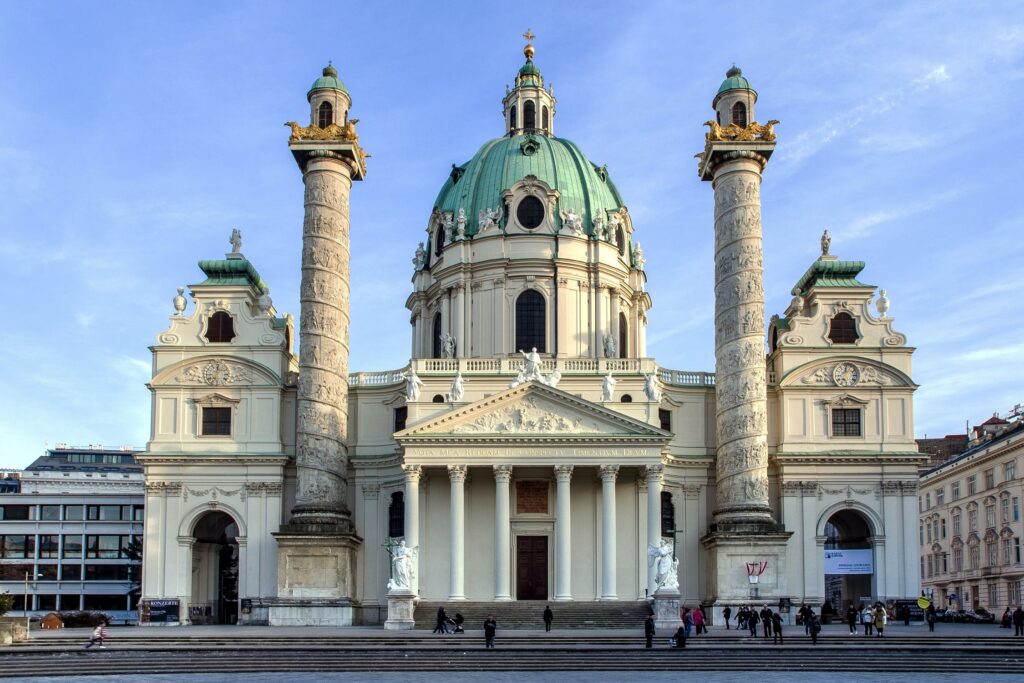 St. Charles' Chuch, an old church in Vienna with a green dome.