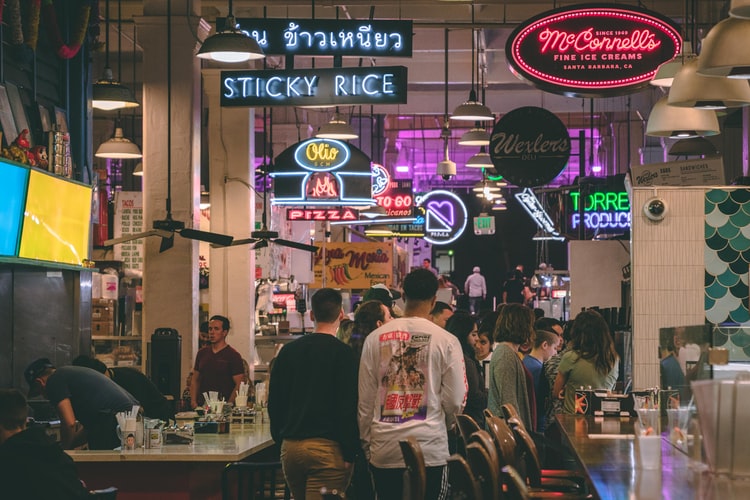 Multicultural cuisine and food stalls in Grand Central Market L.A.