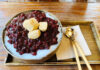 Korean mochi with red bean paste topped on a Korean shaved ice