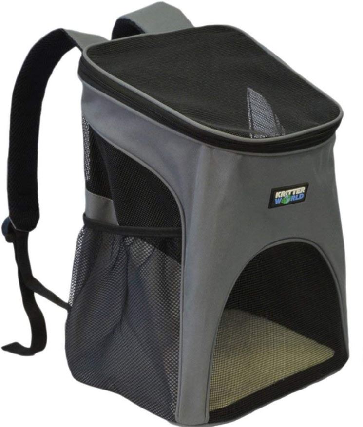 A gray dog backpack with a logo that says KritterWorld.