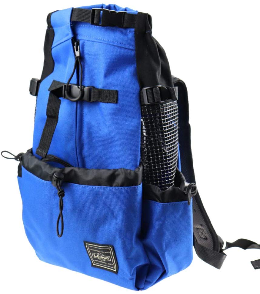 A blue pet backpack with a drawstring pouch in front.