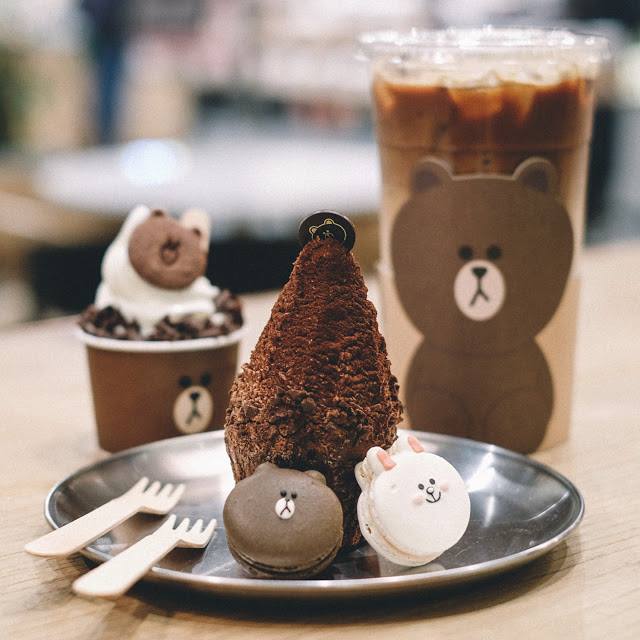 A mix of sweet drinks and cakes inspired by Line Friends characters.