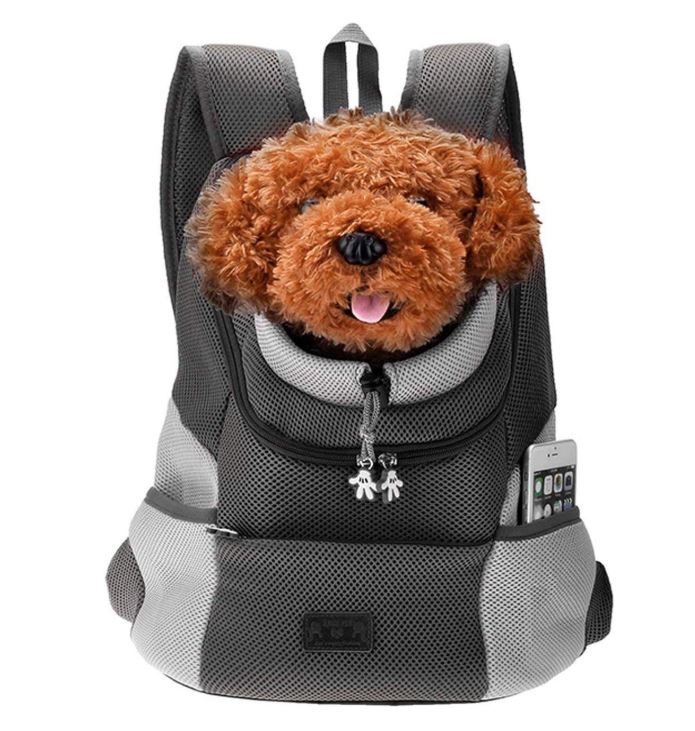 A back and gray colored backpack with a brown dog inside sticking its head out.