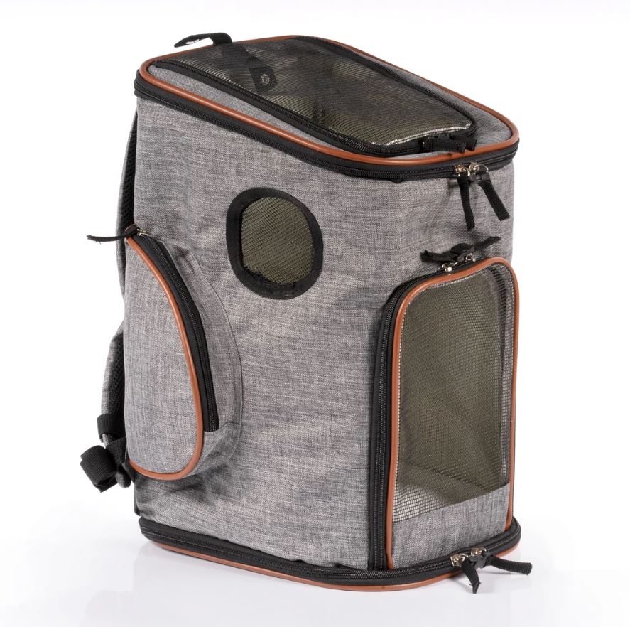 A gray dog carrier backpack