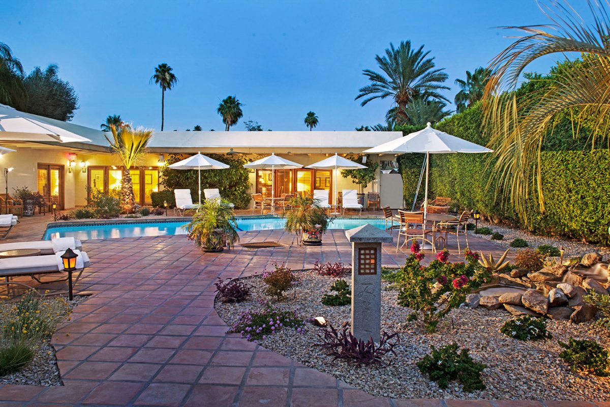 Outdoor patio of the Hacienda at warm sands chalet all men clothing optional resort, California.