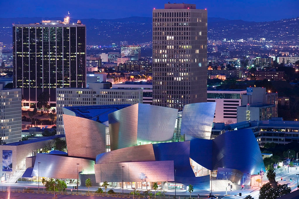 Illuminated Walt Disney Concert Hall during the night