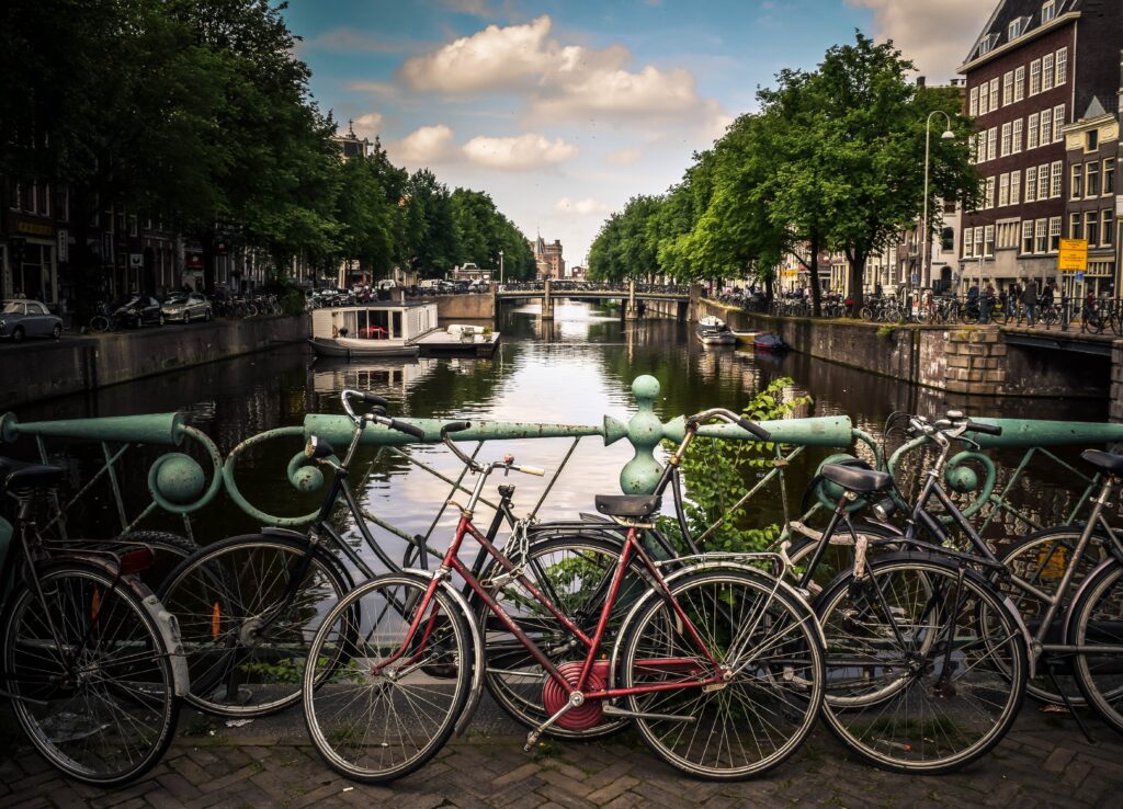 Bicycles park near a river