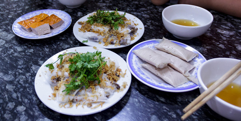 Vietnamese steamed rice rolls with minced pork topped with fried shallots is a convenient street food in Hanoi.