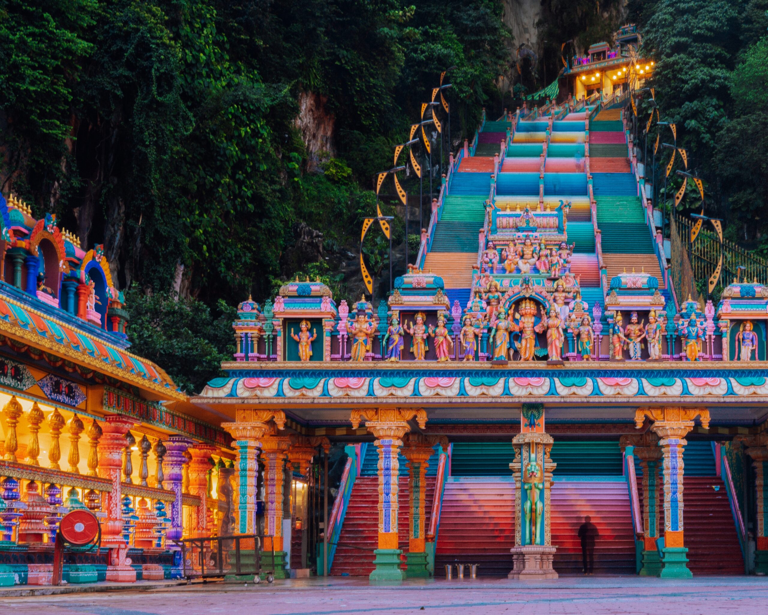 Rainbow staircases of the Batu Caves in the evening.