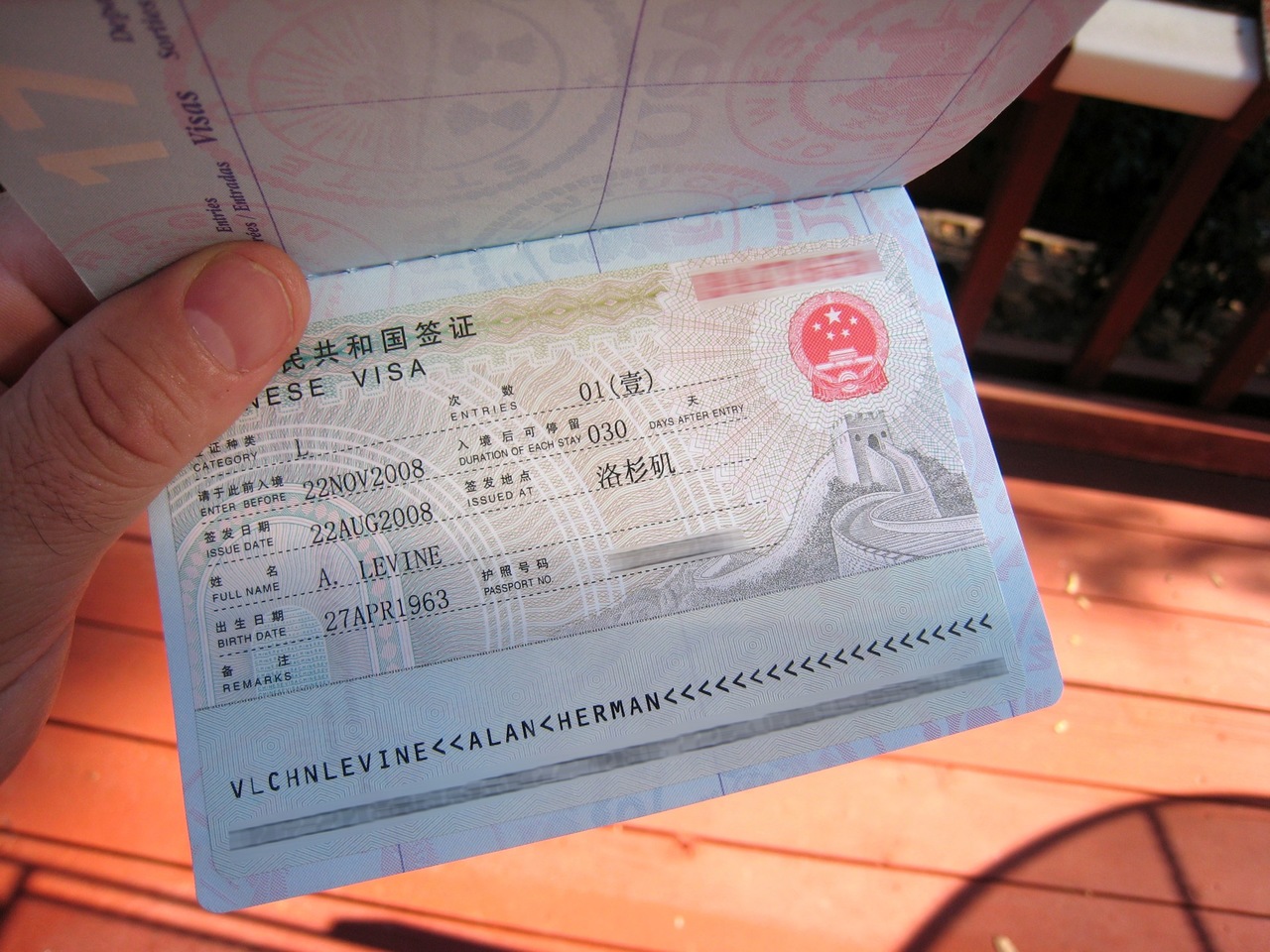 A passport pasted with valid china visa