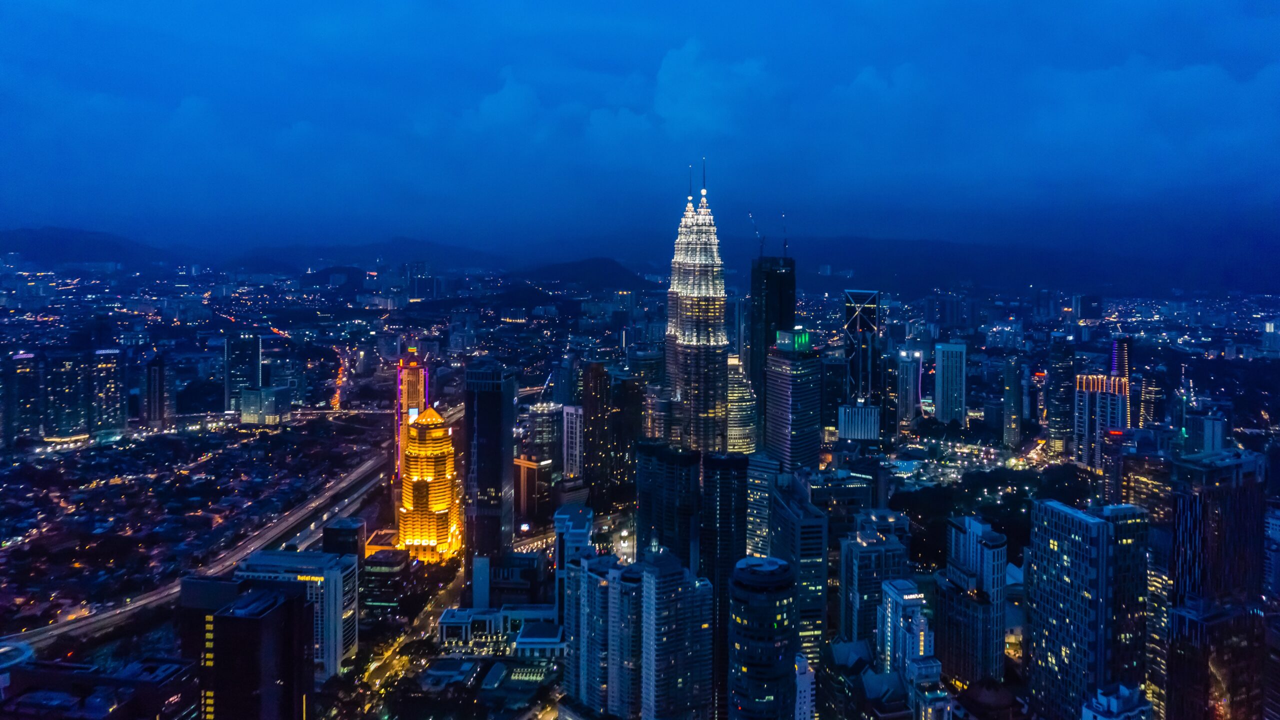 Aerial view of KLCC tower during the night.