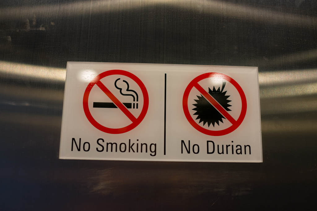 No smoking and no Durian sign in a hotel.