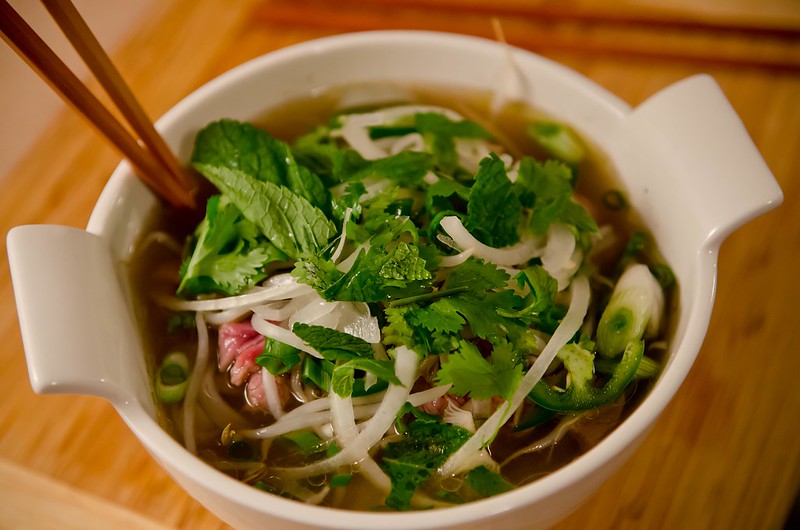 Vietnamese Beef Pho with coriander onion and beef broth
