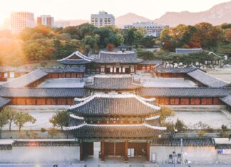 An shot of an old shrine is Seoul, South Korea.