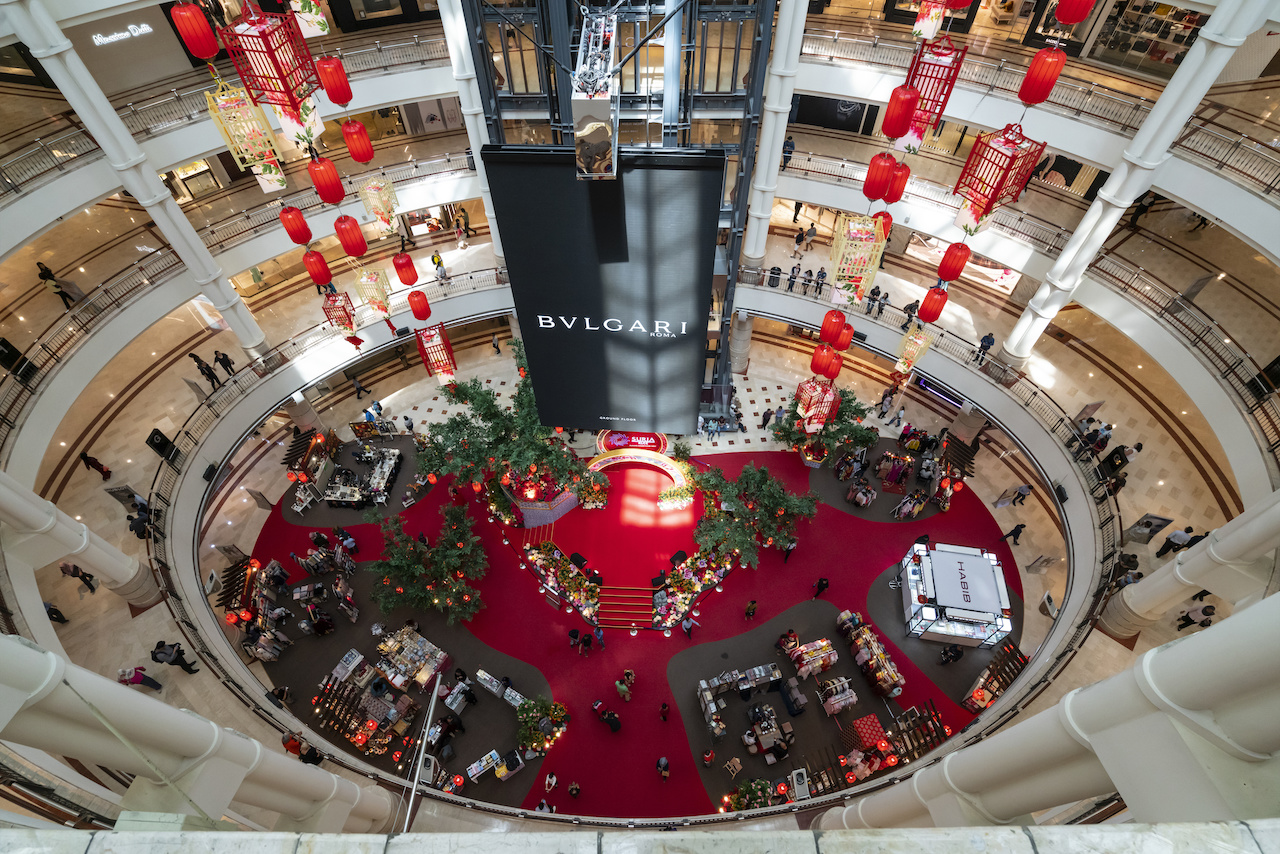 Interior view of Suria KLCC shopping mall with commemorative decorations of Chinese new year in Kuala Lumpur, Malaysia