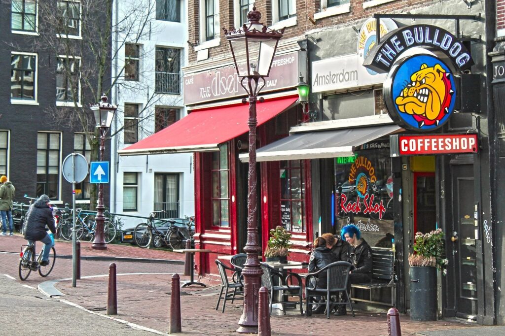 View of a store front with a logo that says "The Bulldog Coffeeshop"